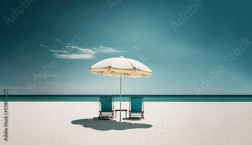 Deck Chairs with Parasol on Tropical Beach, ai generated