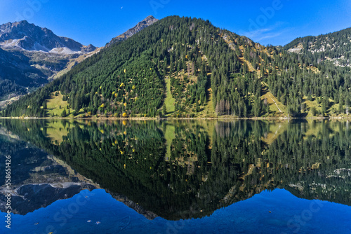 Vilsalpsee lake Tannheimer valley under a beautiful blue sky