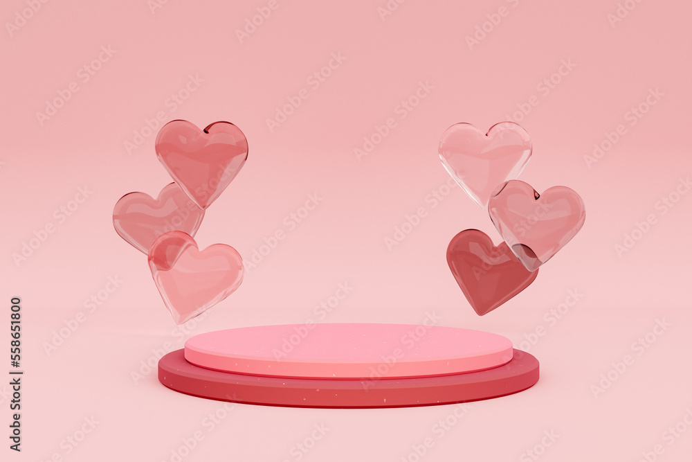 3D picture of glossy pink hearts against monochrome background