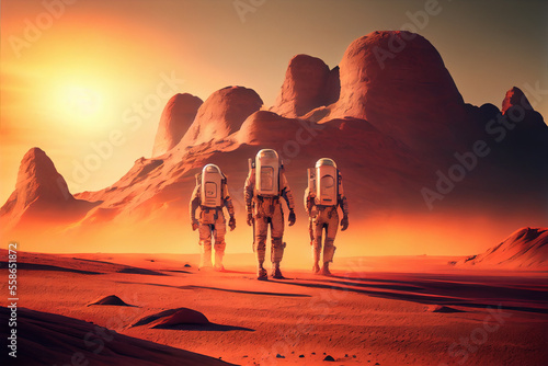 Slika na platnu Astronauts on Mars, spacemen walking on red planet, generative AI