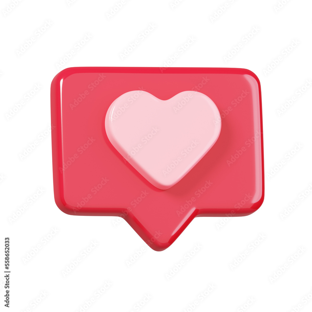 3D rendering social media online, heart and love emoji in red bubble isolated. 14 February Happy valentine's day icon.