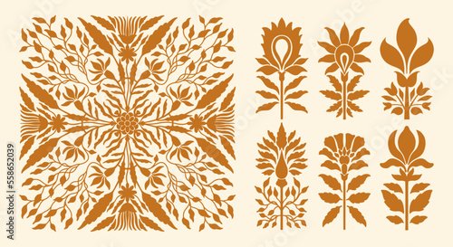 Traditional historical ethnic Indian ornament. Floral natural stylized motif. Arabesque and intricate decorative silhouettes.