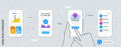 Set of Clean t-shirt, Dirty t-shirt and Clean towel line icons. Phone ui interface. Include Wash hand, Washing machine, Medical cleaning icons. Vector