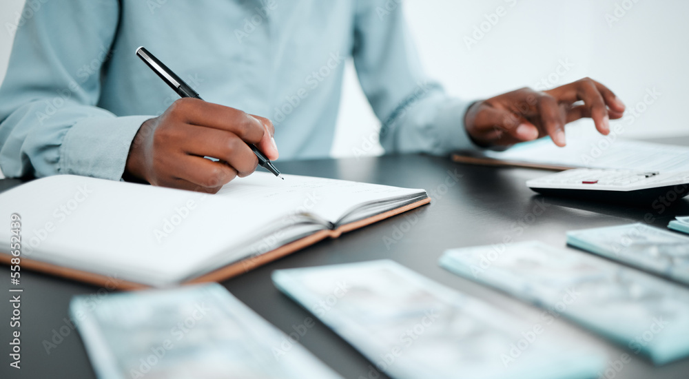 Finance, money and business hands with calculator for budget, savings and financial investment planning. Accounting, cash and notebook of accountant or businessman writing growth strategy for startup Finance, money and business hands with calculator for budget, savings and financial investment planning. Accounting, cash and notebook of accountant or businessman writing growth strategy for startup