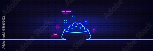 Neon light glow effect. Dog feeding line icon. Pets food sign. Pet bowl symbol. 3d line neon glow icon. Brick wall banner. Dog feeding outline. Vector
