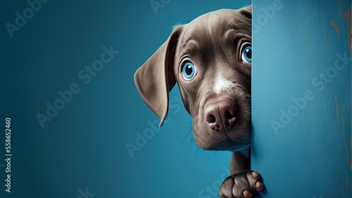 Dog peeks cautiously around the corner of a blue background  with copy space  created with Generative AI technology. Close-up.