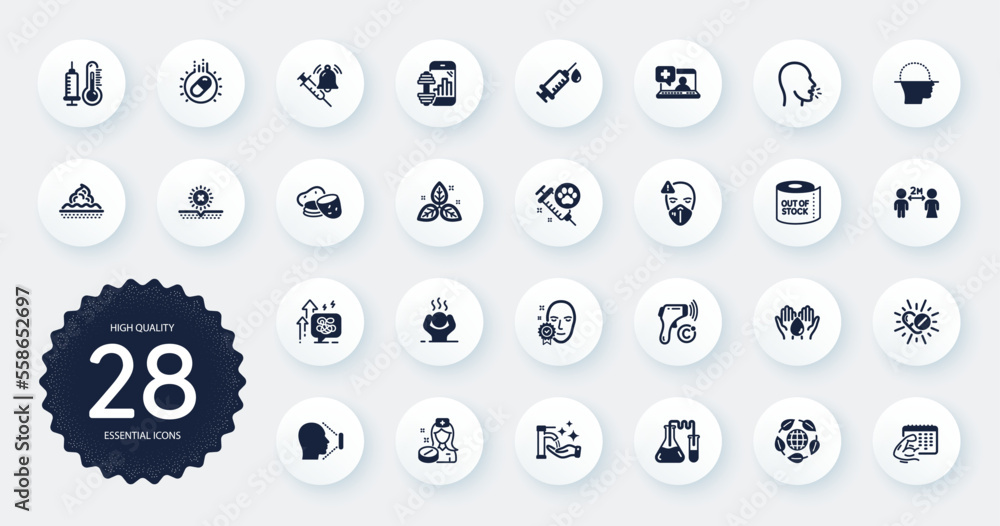 Set of Healthcare icons, such as Difficult stress, Toilet paper and Medical mask flat icons. Skin care, Capsule pill, No sun web elements. Medical drugs, Face scanning, Stress grows signs. Vector Set of Healthcare icons, such as Difficult stress, Toilet paper and Medical mask flat icons. Skin care, Capsule pill, No sun web elements. Medical drugs, Face scanning, Stress grows signs. Vector
