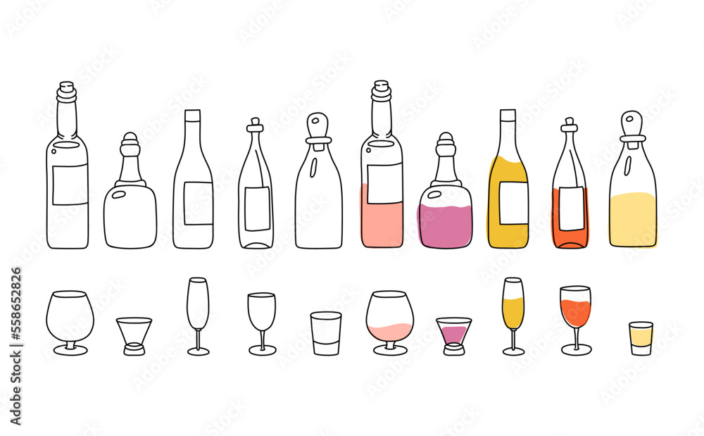Bottles and glasses set. Hand drawn vector illustration of different alcoholic beverages.Every objects are isolated on white background. Bottles and glasses set. Hand drawn vector illustration of different alcoholic beverages.Every objects are isolated on white background.