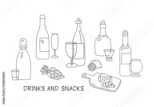Alcohol beverages and snacks hand drawn vector illustration. All objects are isolated.