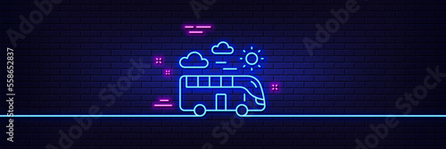 Neon light glow effect. Bus travel line icon. Trip transport sign. Holidays vehicle symbol. 3d line neon glow icon. Brick wall banner. Bus travel outline. Vector