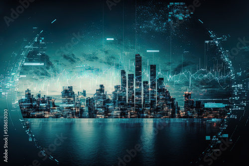Financial graphs in double exposure with a nighttime cityscape backdrop. The idea of trade. Toned picture. Generative AI