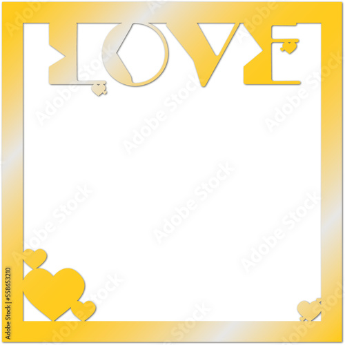 Golden Vector frame for photos with hearts and the inscription Love