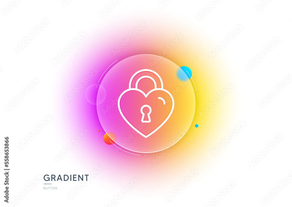 Obraz premium Love lock line icon. Gradient blur button with glassmorphism. Honeymoon bridge locker sign. Couple relationships symbol. Transparent glass design. Love lock line icon. Vector