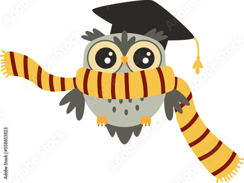 Cute wise owl in scarf and academical cap flat icon