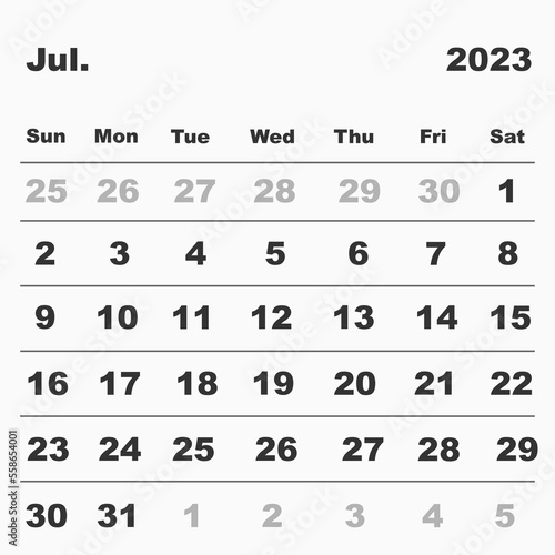 Vector illustration of a calendar for July 2023. In a minimalist style. Week starts on Sunday
