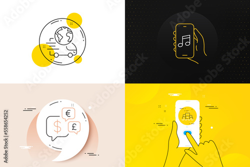 Minimal set of Delivery service, Boxes pallet and Music app line icons. Phone screen, Quote banners. Money currency icons. For web development. Vector