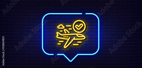 Neon light speech bubble. Confirmed flight line icon. Approved charter sign. Verified airplane symbol. Neon light background. Confirmed flight glow line. Brick wall banner. Vector