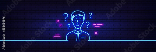 Neon light glow effect. Question mark line icon. Support consultant sign. 3d line neon glow icon. Brick wall banner. Support consultant outline. Vector