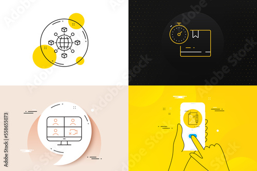 Minimal set of Report document, Video conference and Logistics network line icons. Phone screen, Quote banners. Cardboard box icons. For web development. Vector
