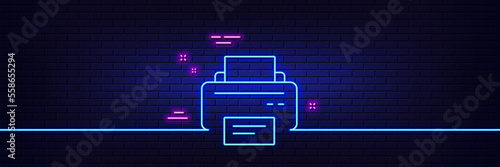 Neon light glow effect. Printer icon. Printout Electronic Device sign. Office equipment symbol. 3d line neon glow icon. Brick wall banner. Printer outline. Vector