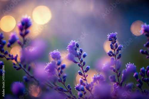 Selective focus on lavender flower in flower garden - lavender flowers lit by sunlight. Digital art