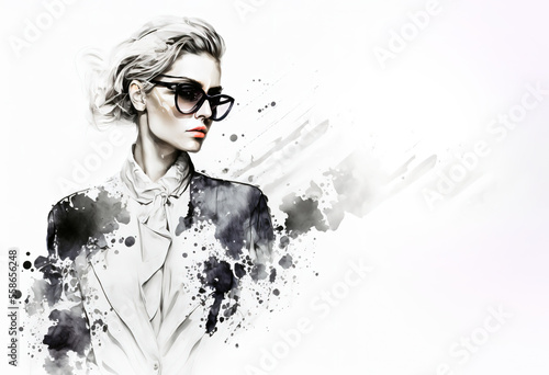 Beautiful young woman in sunglasses portrait. Copy space. Abstract fashion watercolor illustration. Fashion model. Sketch. Fashion woman. Generative AI