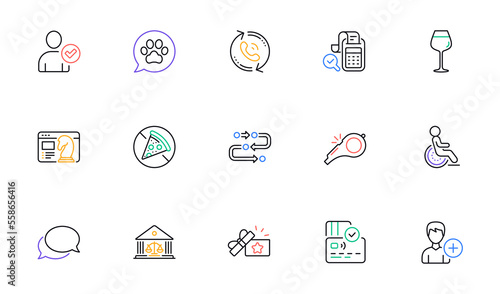 Prohibit food, Court building and Bordeaux glass line icons for website, printing. Collection of Bill accounting, Call center, Add person icons. Whistle, Seo strategy, Methodology web elements. Vector