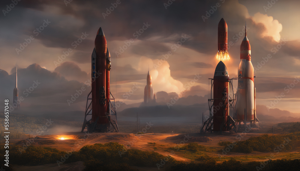 A dramatic launch of intercontinental rockets in a utopian world - obrazy, fototapety, plakaty 