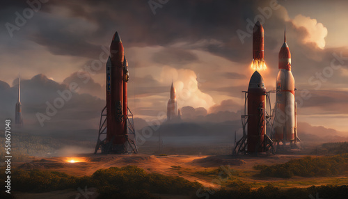 Obraz na płótnie A dramatic launch of intercontinental rockets in a utopian world