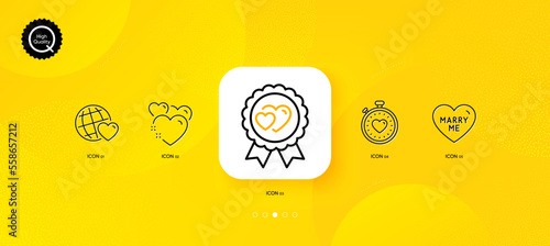 Heartbeat timer, Love award and Heart minimal line icons. Yellow abstract background. Friends world, Marry me icons. For web, application, printing. Love stopwatch, Valentines day, Wedding. Vector