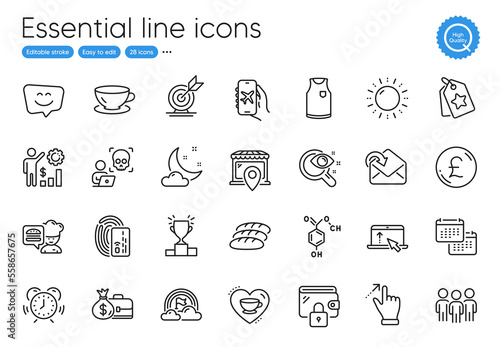 Winner podium, Wallet and Cyber attack line icons. Collection of Loyalty tags, Smile face, Target goal icons. Chef, Swipe up, Flight mode web elements. Night weather, Salary, Employees wealth. Vector