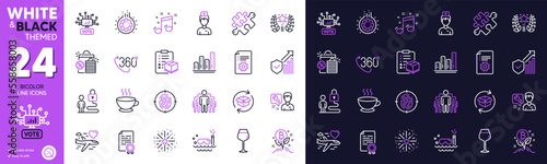 360 degree, Lock and Repairman line icons for website, printing. Collection of Honeymoon travel, Doctor, Fingerprint icons. Bitcoin project, Bordeaux glass, Ranking web elements. Puzzle. Vector