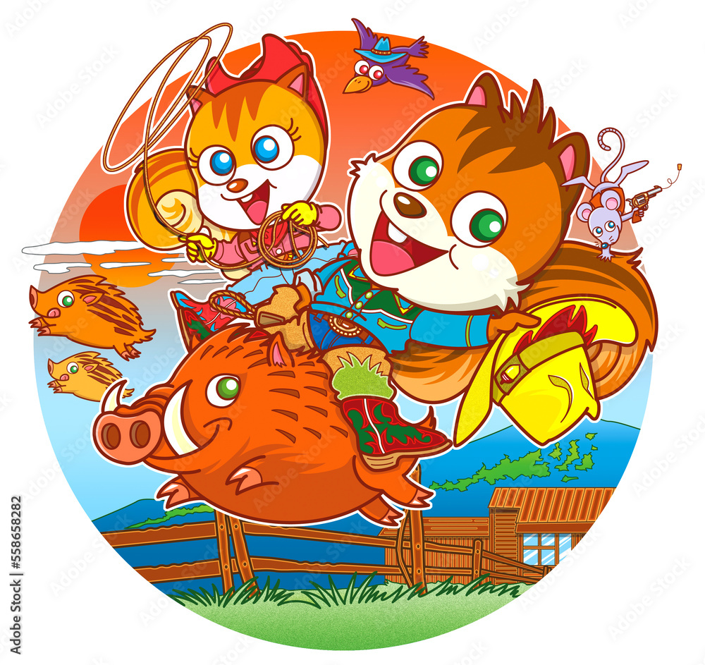 Fototapeta premium リス,キャラクター ,イノシシ,牧場,イメージ画