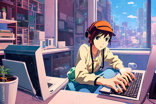 Ilustración anime estilo lo-fi de chica en un estudio frente al ordenador en proceso creativo, inspiración melancólica - AI Generated Art