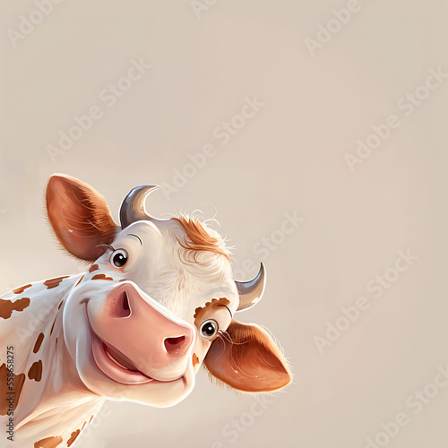 An adorable cow with a pink nose peeks out from the corner in 3d style on a beige background with copyspace. AI generated.