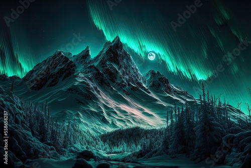Stunning High Mountains and Snowy Forest Landscape with Polar Lights Artwork Spectacular Natural Background. Beautiful Photo of the Aurora Borealis over Mountain Woods Dramatic Scenery Wallpaper