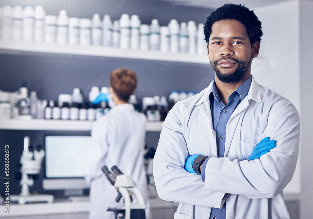 Science, innovation and portrait of man in laboratory, leadership and motivation in vaccine development in South Africa. Healthcare, phd scientist or black man pharmacist with success in lab research - obrazy, fototapety, plakaty 