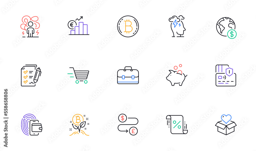 Loan percent, Bitcoin project and Difficult stress line icons for website, printing. Collection of Card, Portfolio, Wallet icons. Piggy bank, Survey checklist, Bitcoin web elements. Vector Loan percent, Bitcoin project and Difficult stress line icons for website, printing. Collection of Card, Portfolio, Wallet icons. Piggy bank, Survey checklist, Bitcoin web elements. Vector
