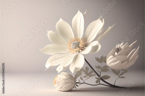 Beautiful white flower on a light background with copyspace. AI generated.