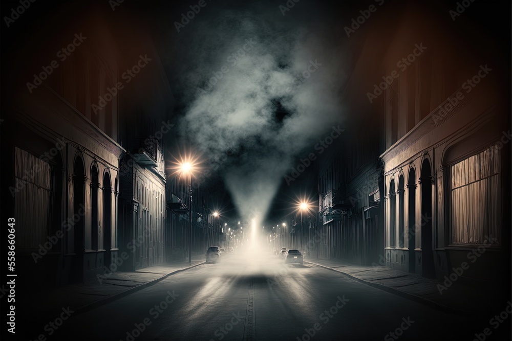 Dark gloomy empty street with smoke, smog, fog. AI