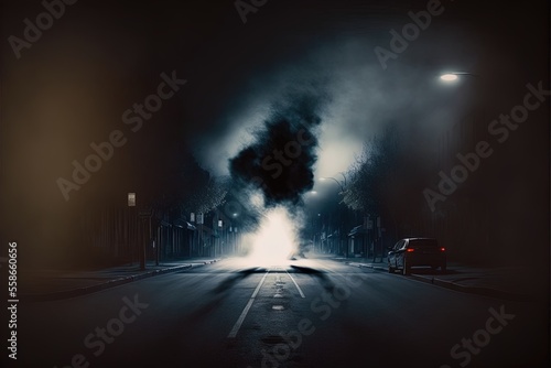 Dark gloomy empty street with smoke, smog, fog. AI © MiaStendal