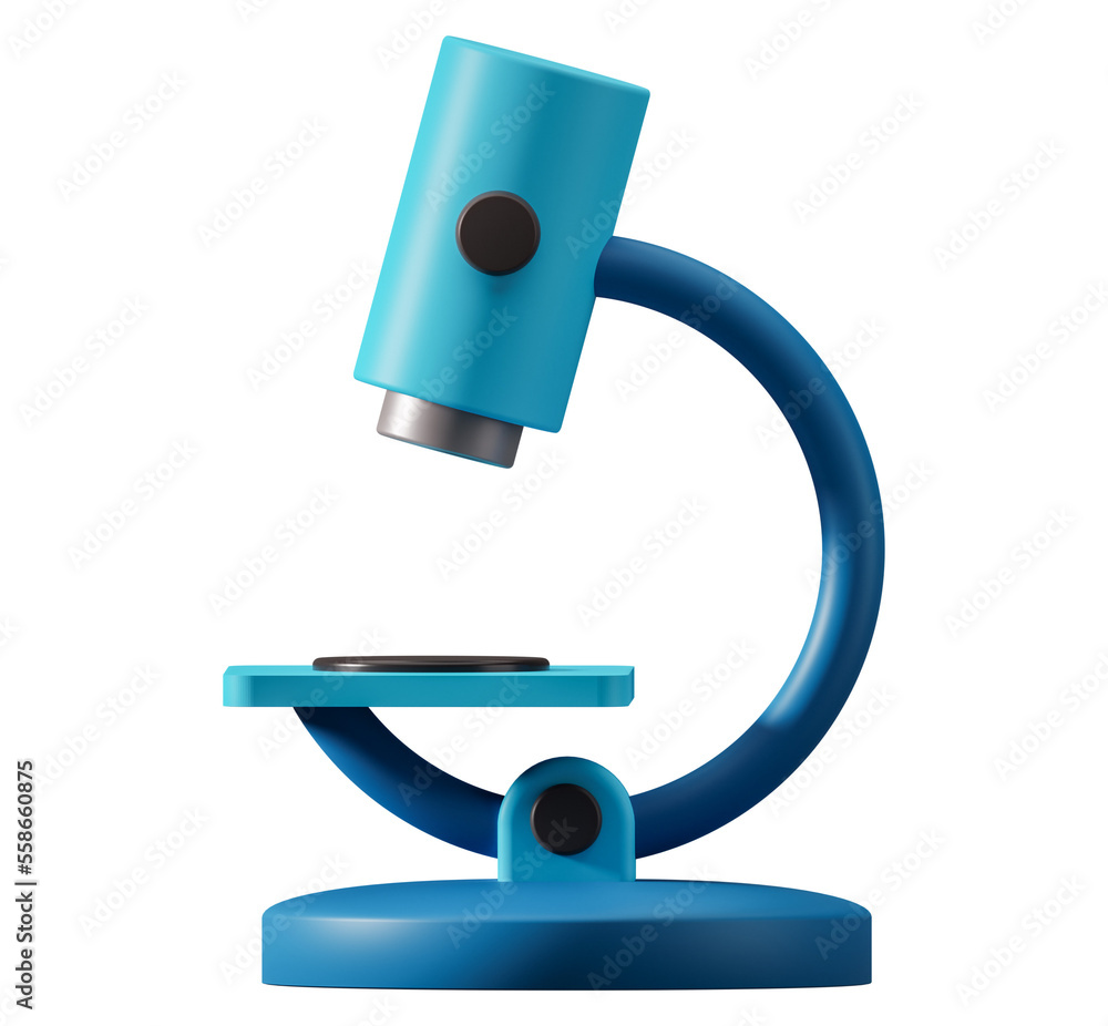 Microscope 3d illustration side view. 3D illustration of blue microscope isolated on white background Microscope 3d illustration side view. 3D illustration of blue microscope isolated on white background