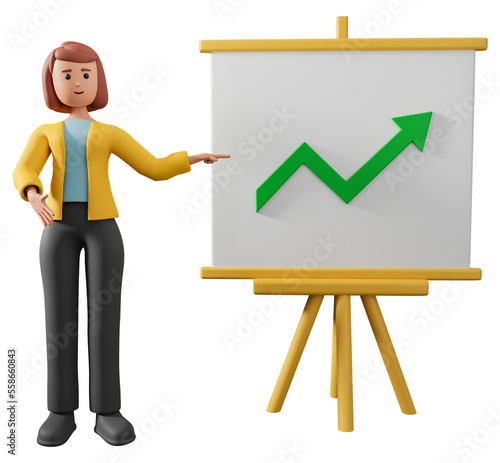 3d illustration of business woman pointing to presentation board with business growing chart isolated on white background. 3d female character in formal wear pointing to the board with chart.
