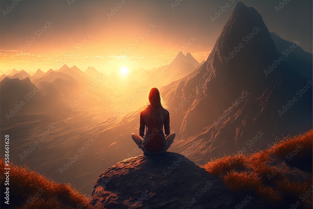 Silhouette of a girl in the mountains, doing yoga in nature high up, beautiful sunset, fantasy landscape. AI