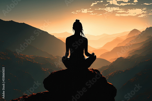 Silhouette of a girl in the mountains, doing yoga in nature high up, beautiful sunset, fantasy landscape. AI