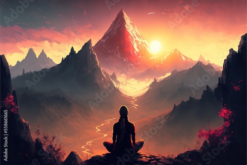 Silhouette of a girl in the mountains, doing yoga in nature high up, beautiful sunset, fantasy landscape. AI © MiaStendal