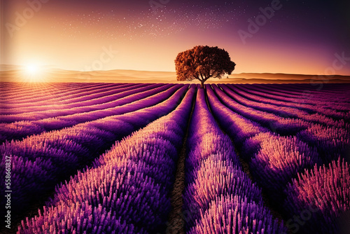 Lavender landscape with beautiful sunset. AI