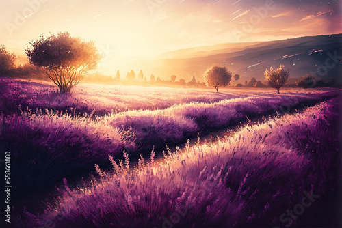 Lavender landscape with beautiful sunset. AI