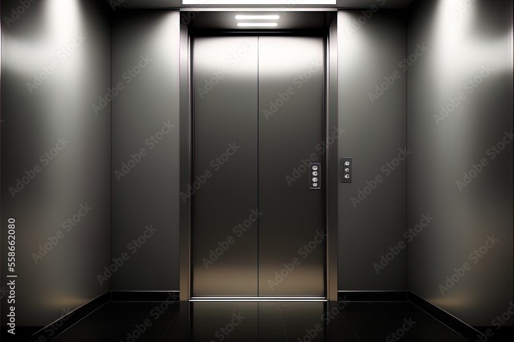 Dark corridor with metal elevator doors, neon lighting. AI