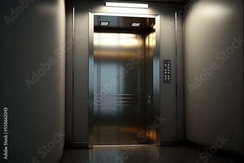 Dark corridor with metal elevator doors, neon lighting. AI